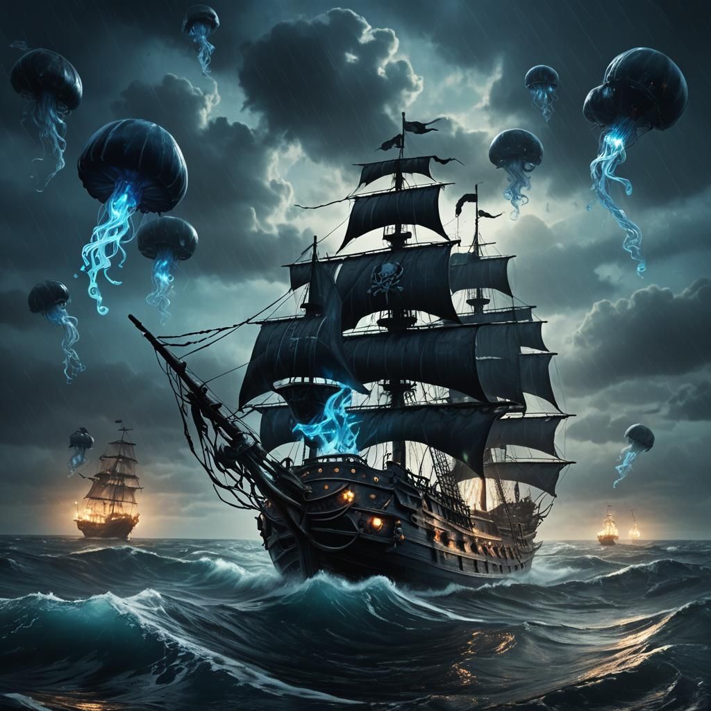 Mystical Pirate Ship in Stormy Bioluminescent Sea
