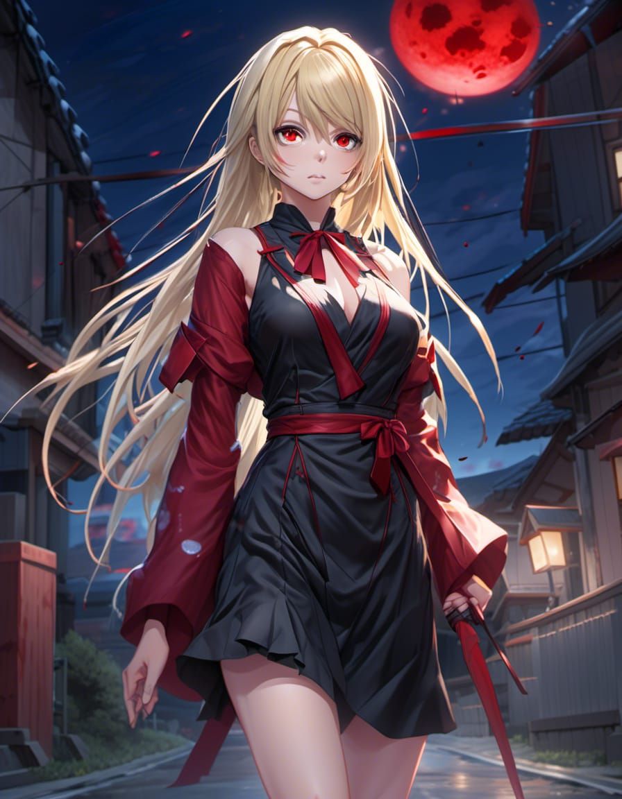 Haunted Anime Girl in Bloody Street Scene