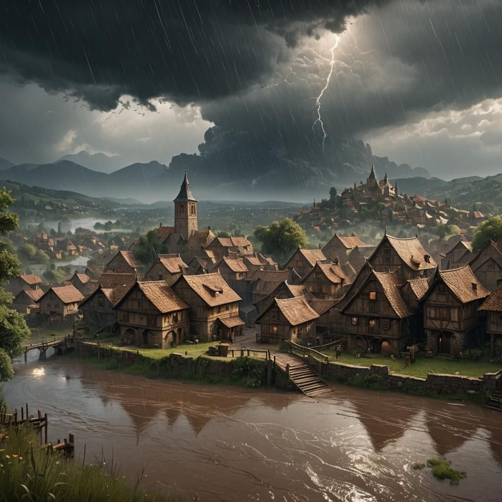 Renaissance Rainstorm Over Village: Detailed Matte Painting