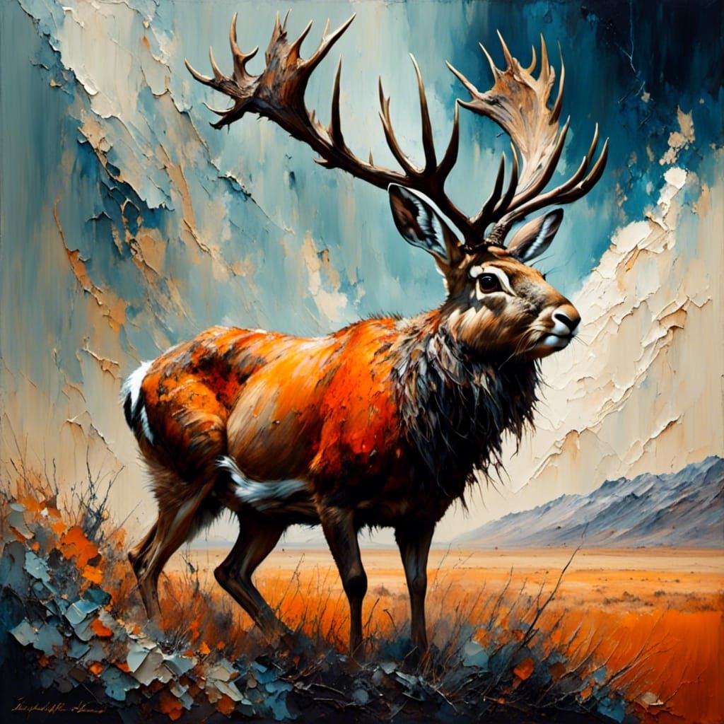 Jackalope in Desert: Neo-Impressionist Oil Painting