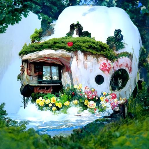 Ghibli House in Rose Meadow: An Oil Painting