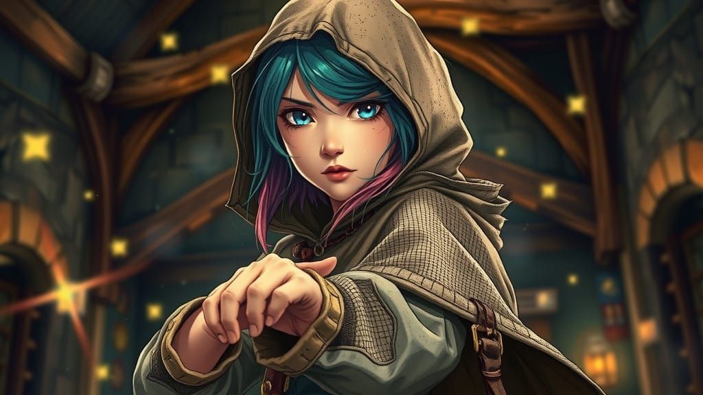 Anime Taekwondo Warrior in Tattered Cape, Beside Fantasy Tav...