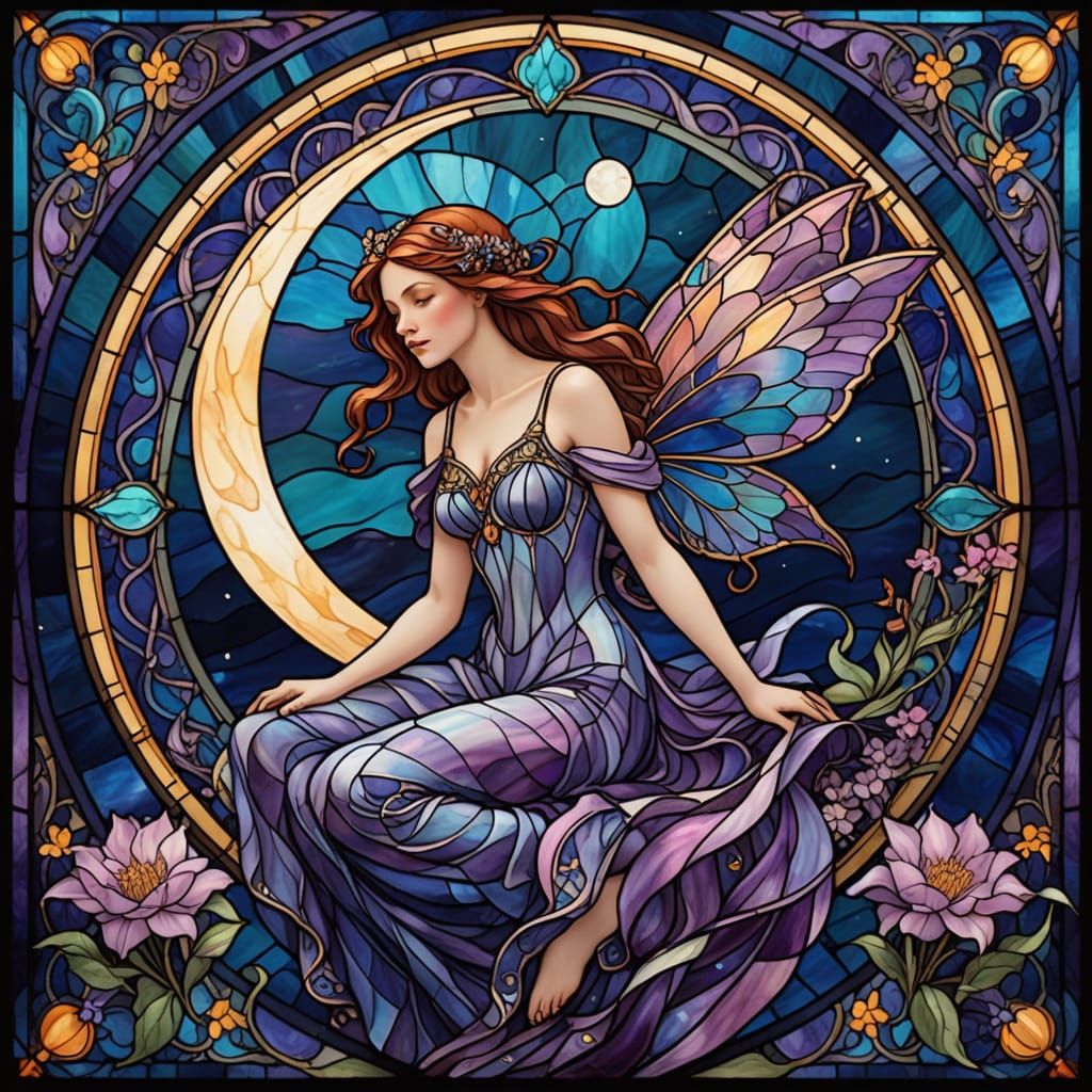 Fairy on Crescent Moon in Stained-Glass Style