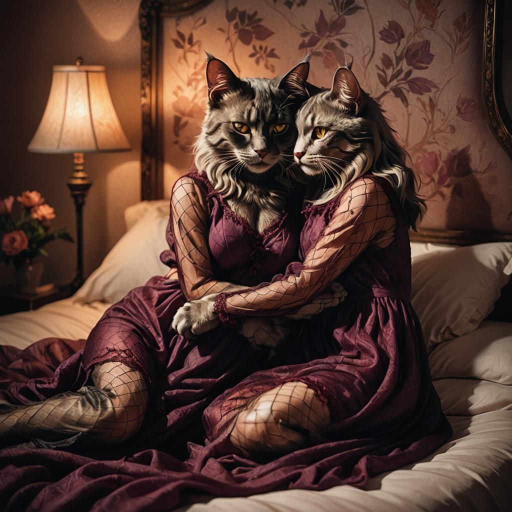 Anthropomorphic Cat Girls Embrace: Romantic Digital Painting