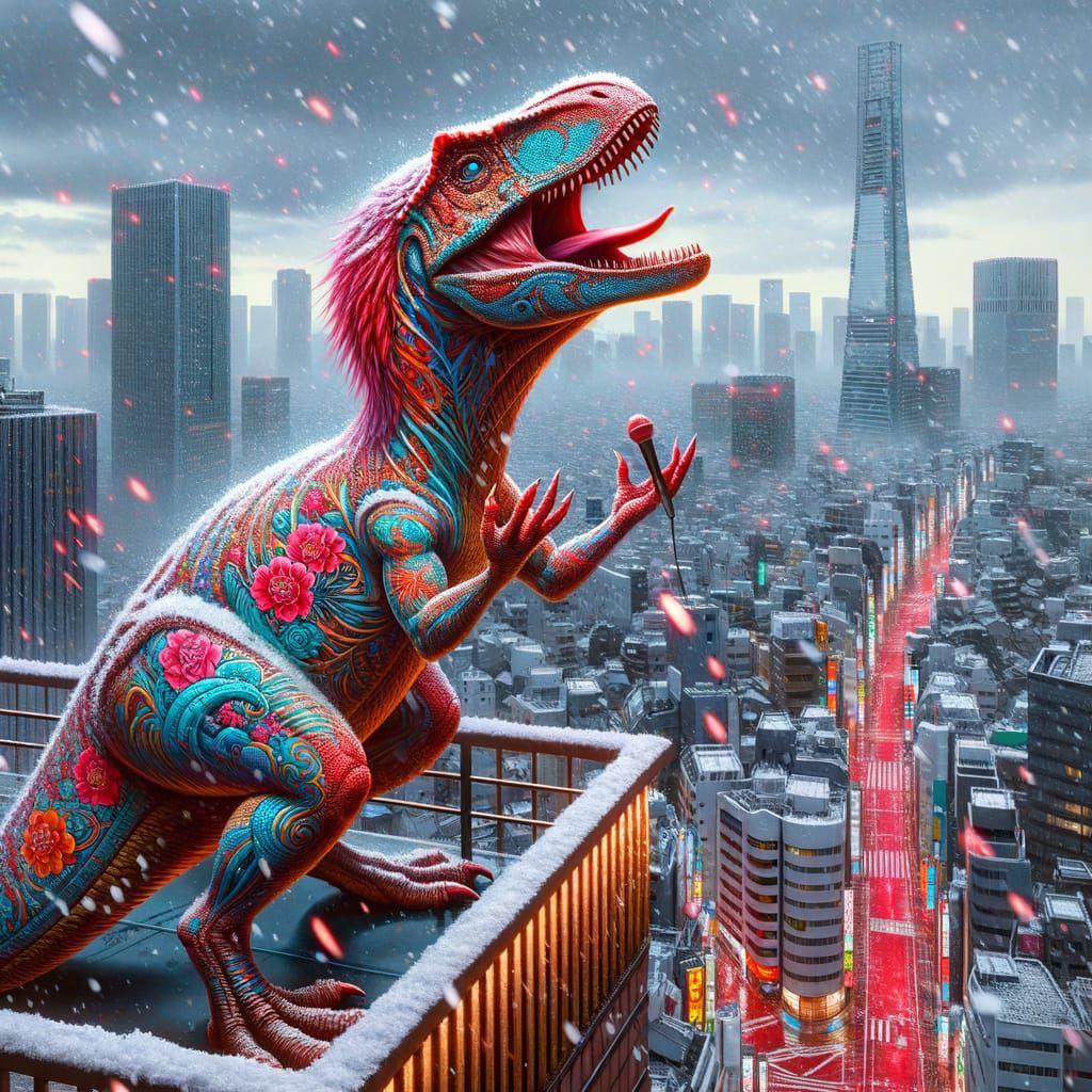 Hadrosaur in Tokyo Cityscape with Radiant Tattoos