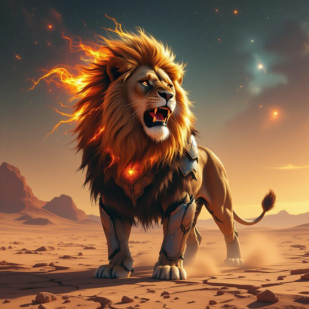 Colossal Lion in Cosmic Armor on Barren Planet