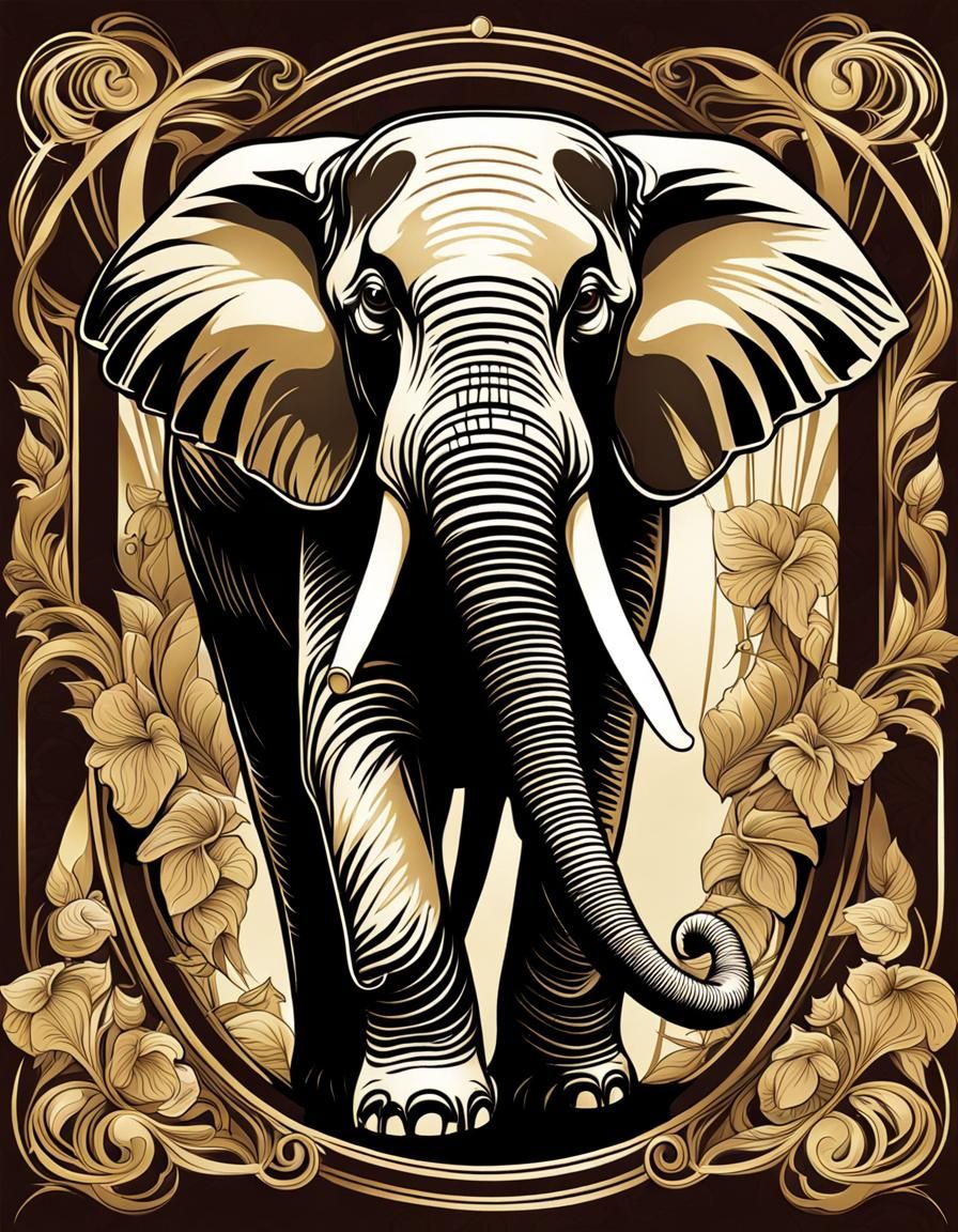 Elephant Portrait in Art Nouveau Style