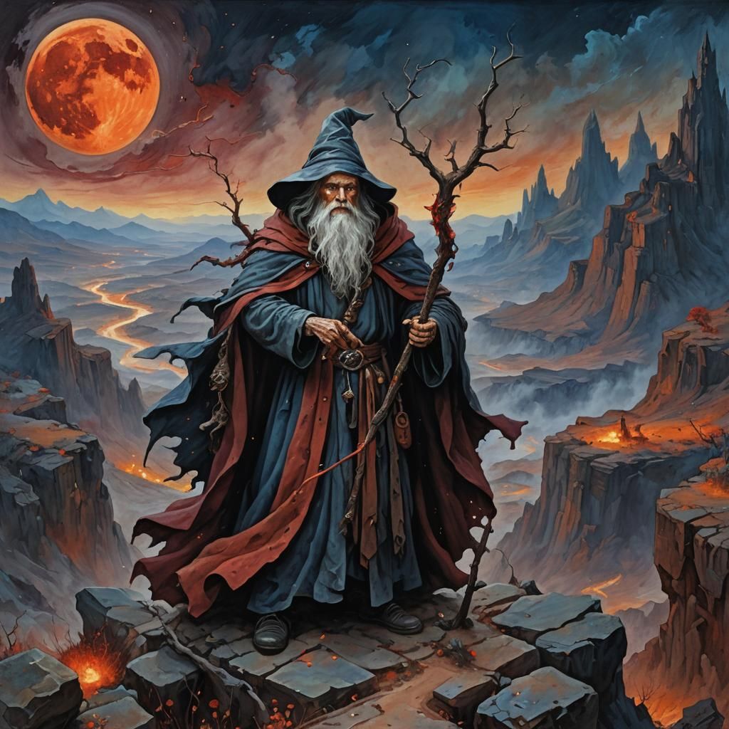 Wizard on Precipice Under Red Moon, Fantasy Art