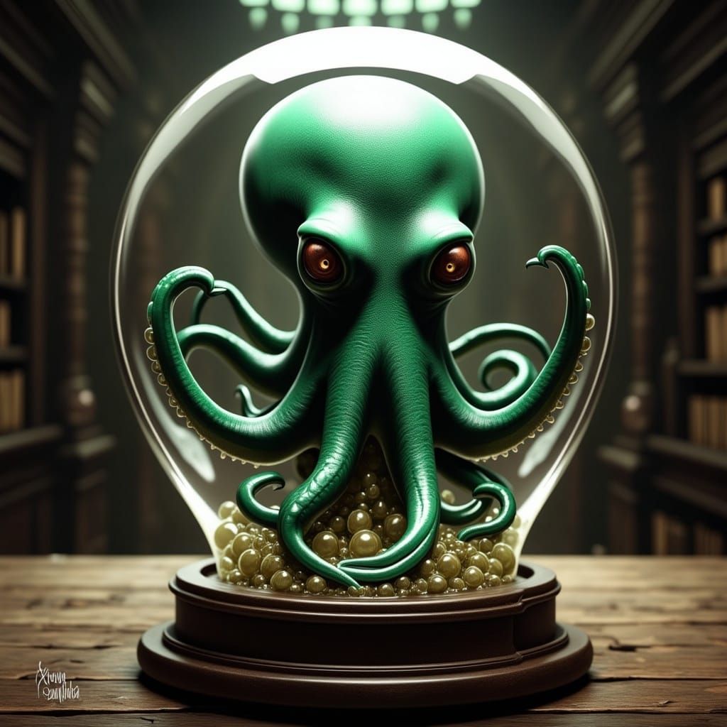 Green Octopus in Glass Sphere: Eerie Digital Illustration