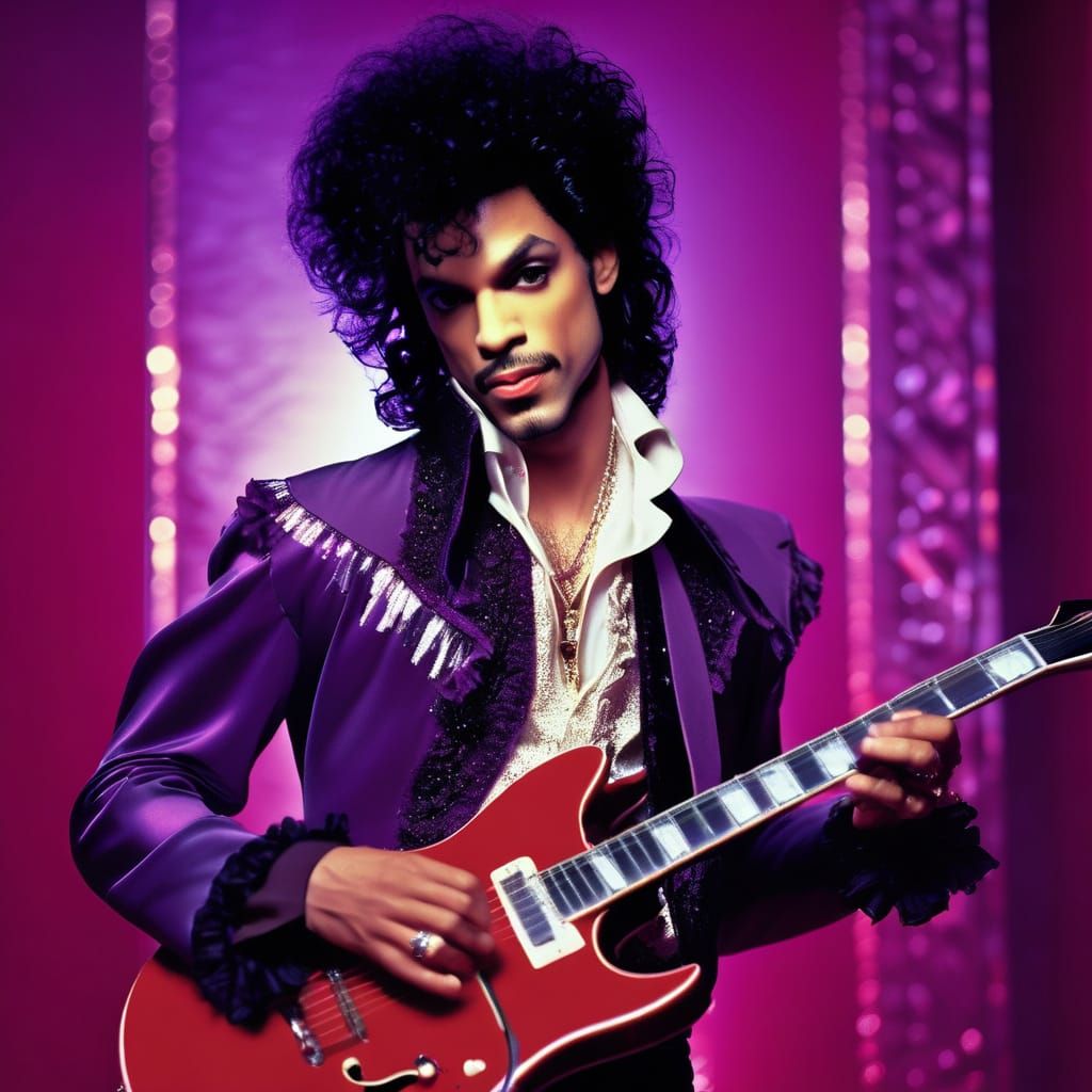 Prince 1980s Hyperrealistic Portrait with Red Guitar