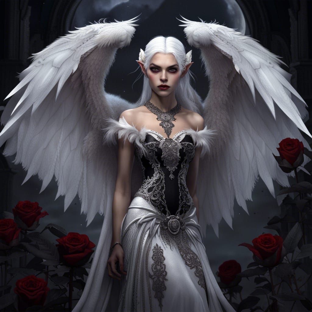 Winged Vampire Elf in Moonlight: Detailed Digital Art