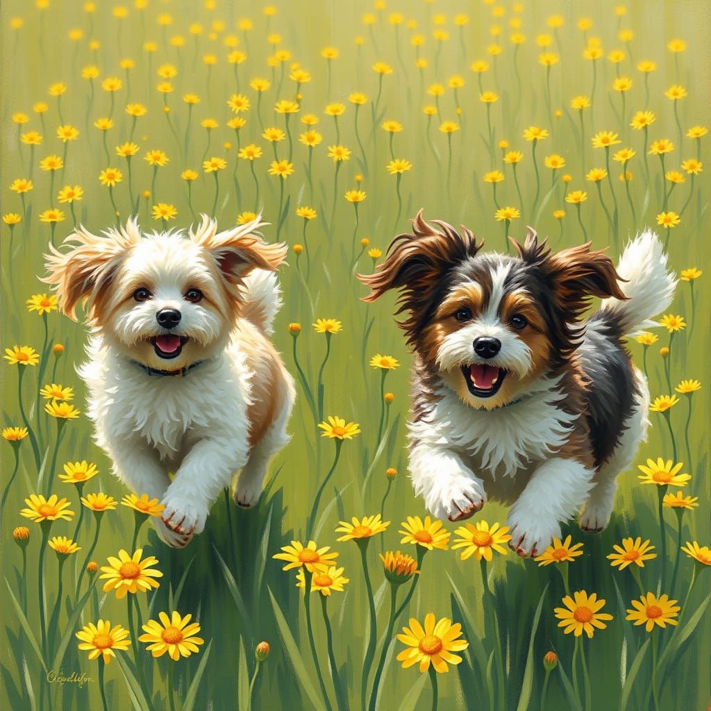 Joyful Dogs Run in a Vibrant Daisies Meadow
