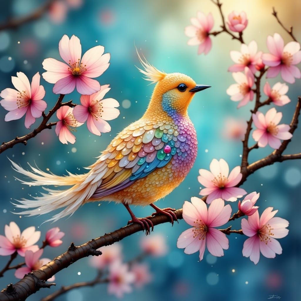 Majestic Glass Bird in Vibrant Spring Bloom