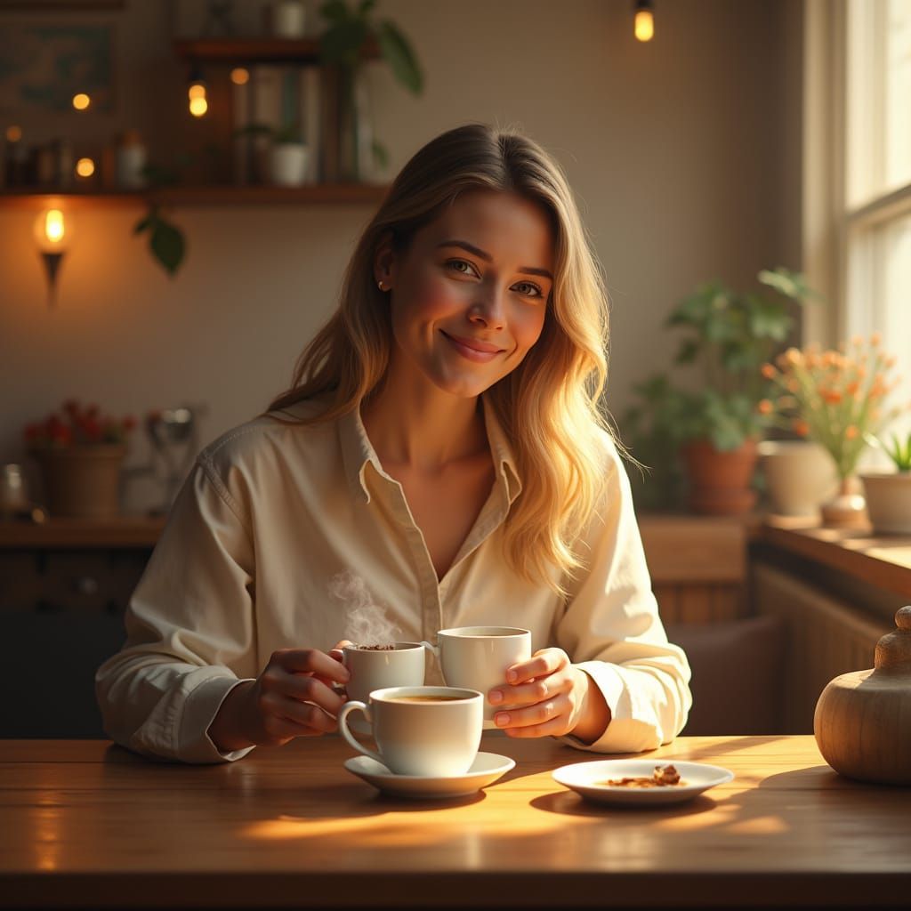 Radiant Woman Sits with Two Coffees in Cozy Setting, Inspire...