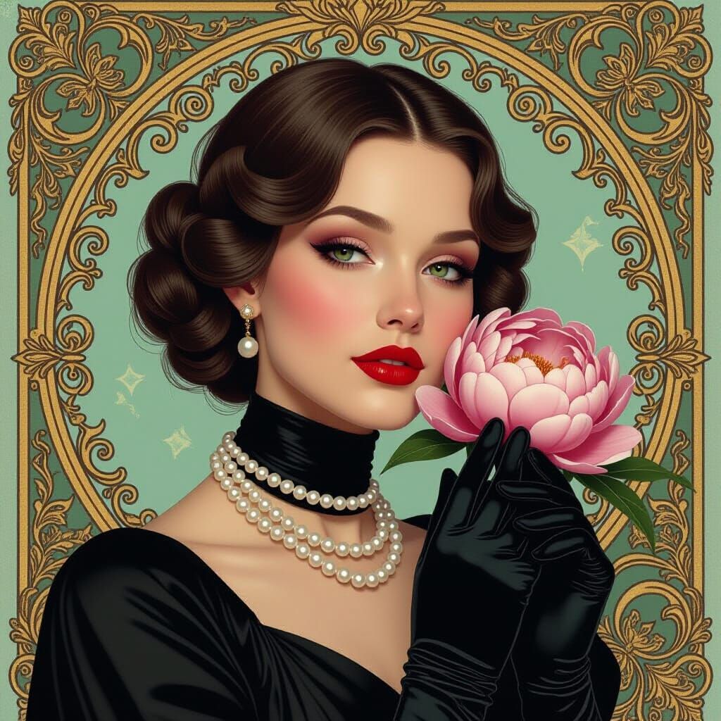 Elegant Woman with Peony in Art Nouveau Style