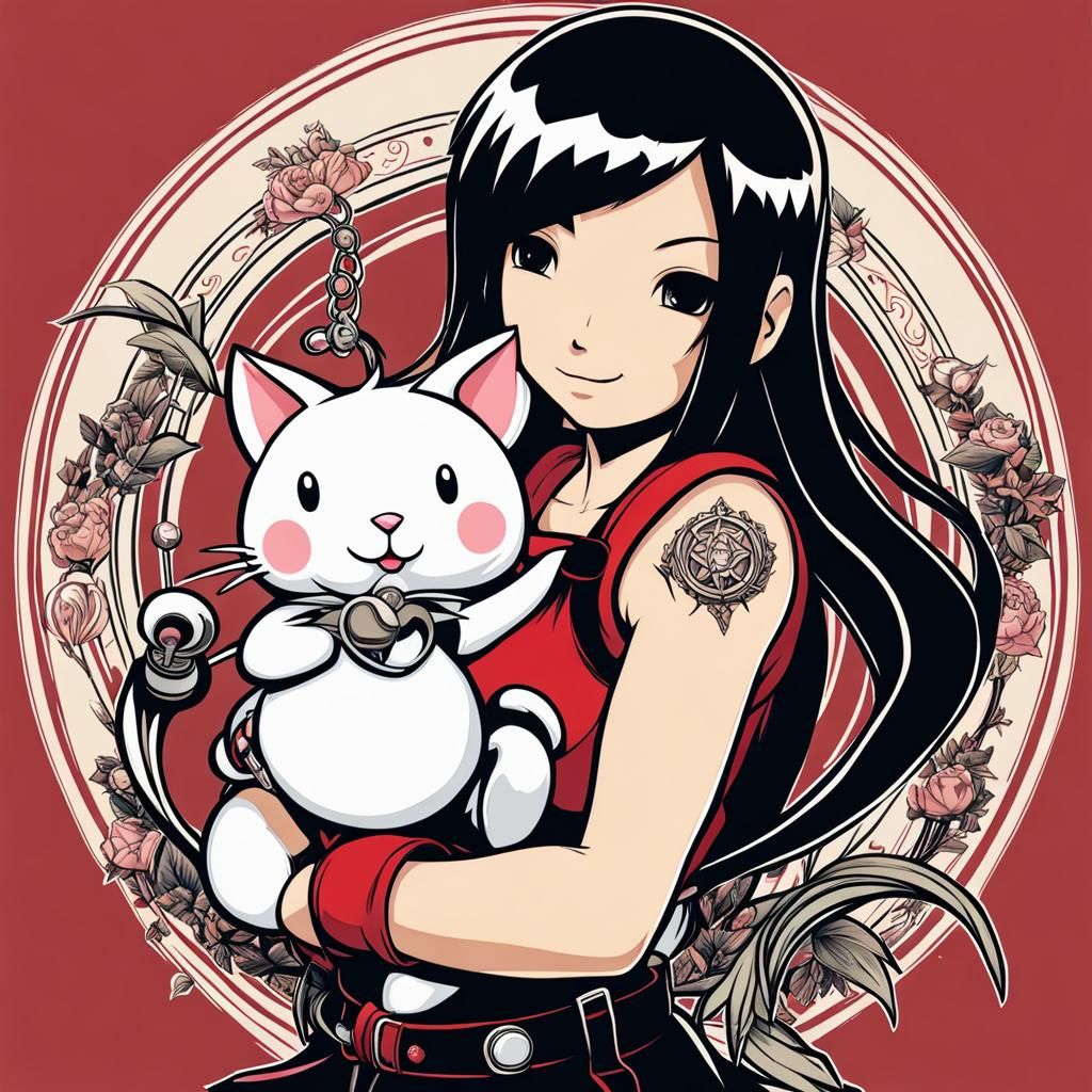 An old-school tattoo design of Tifa Lockheart, cuddling a Moogle.