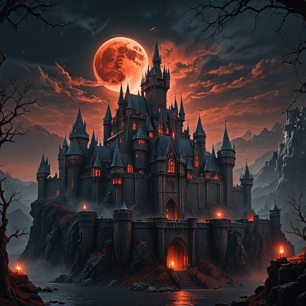 Gothic Castle Under Descending Blood Moon