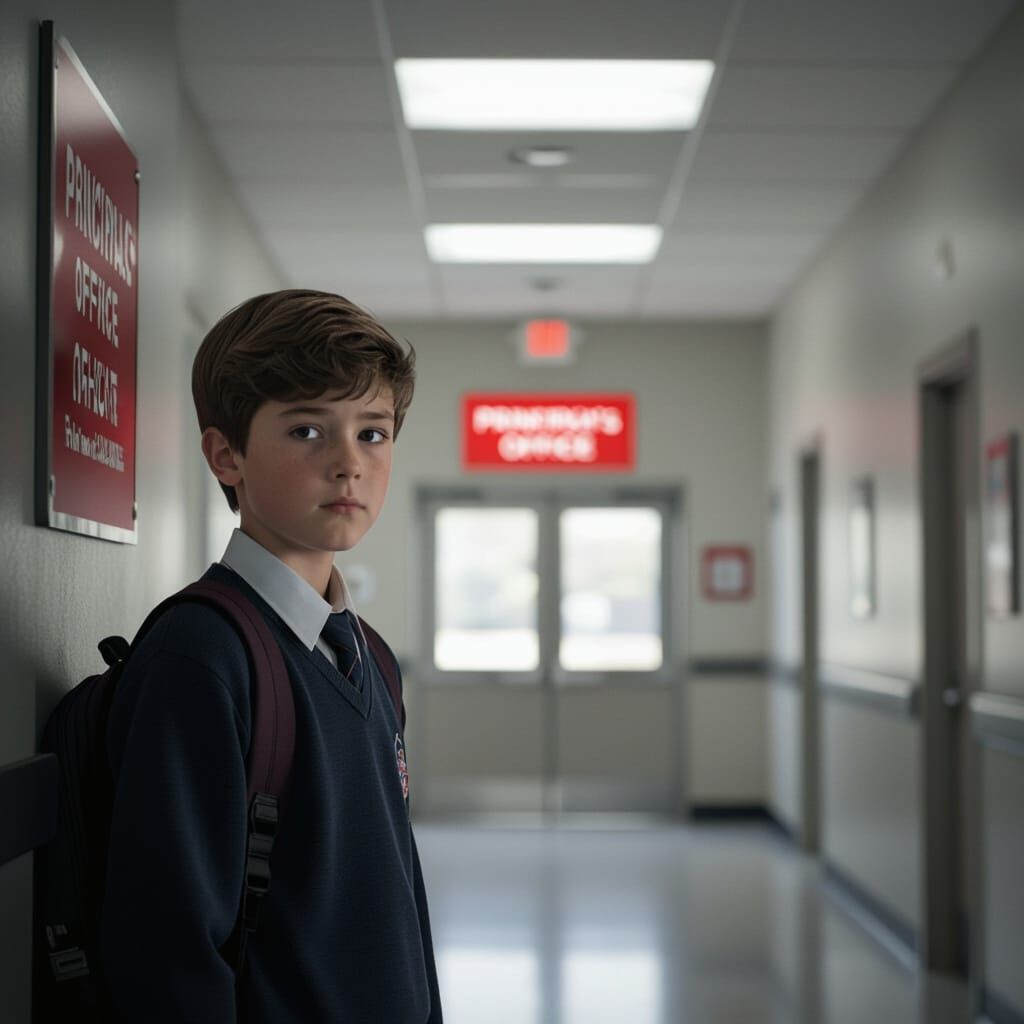 Anxious Boy Awaits Discipline in Dimly Lit School Hallway