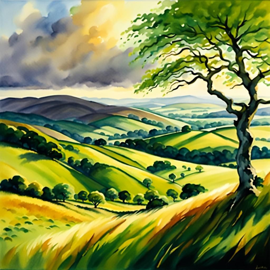 Scottish Highlands Watercolour Landscape in Gurney Style