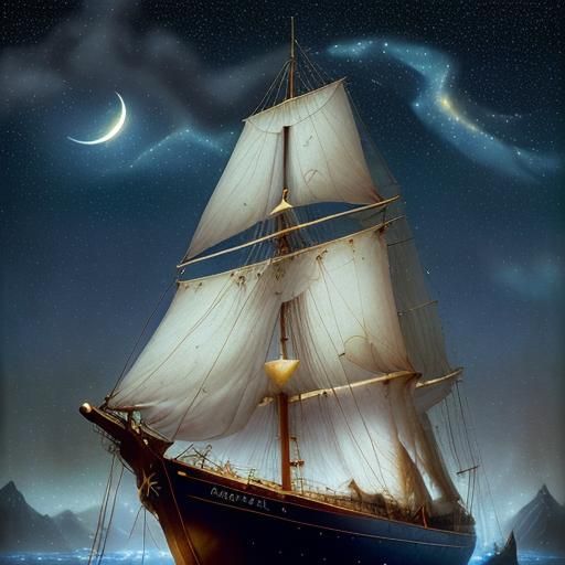 Starry Night Voyage: Ancient Boat Navigating by the Stars