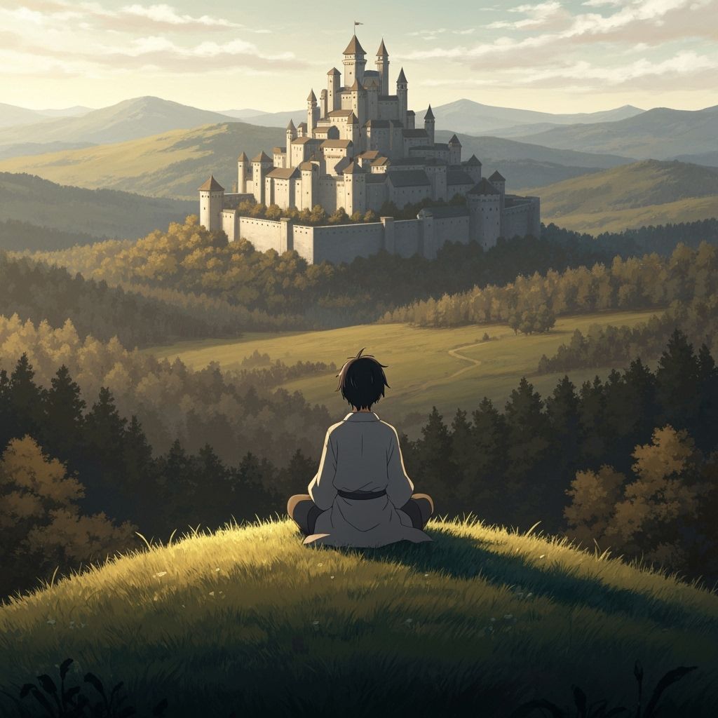 Meditative Figure Overlooking Castle, Anime-Inspired Art