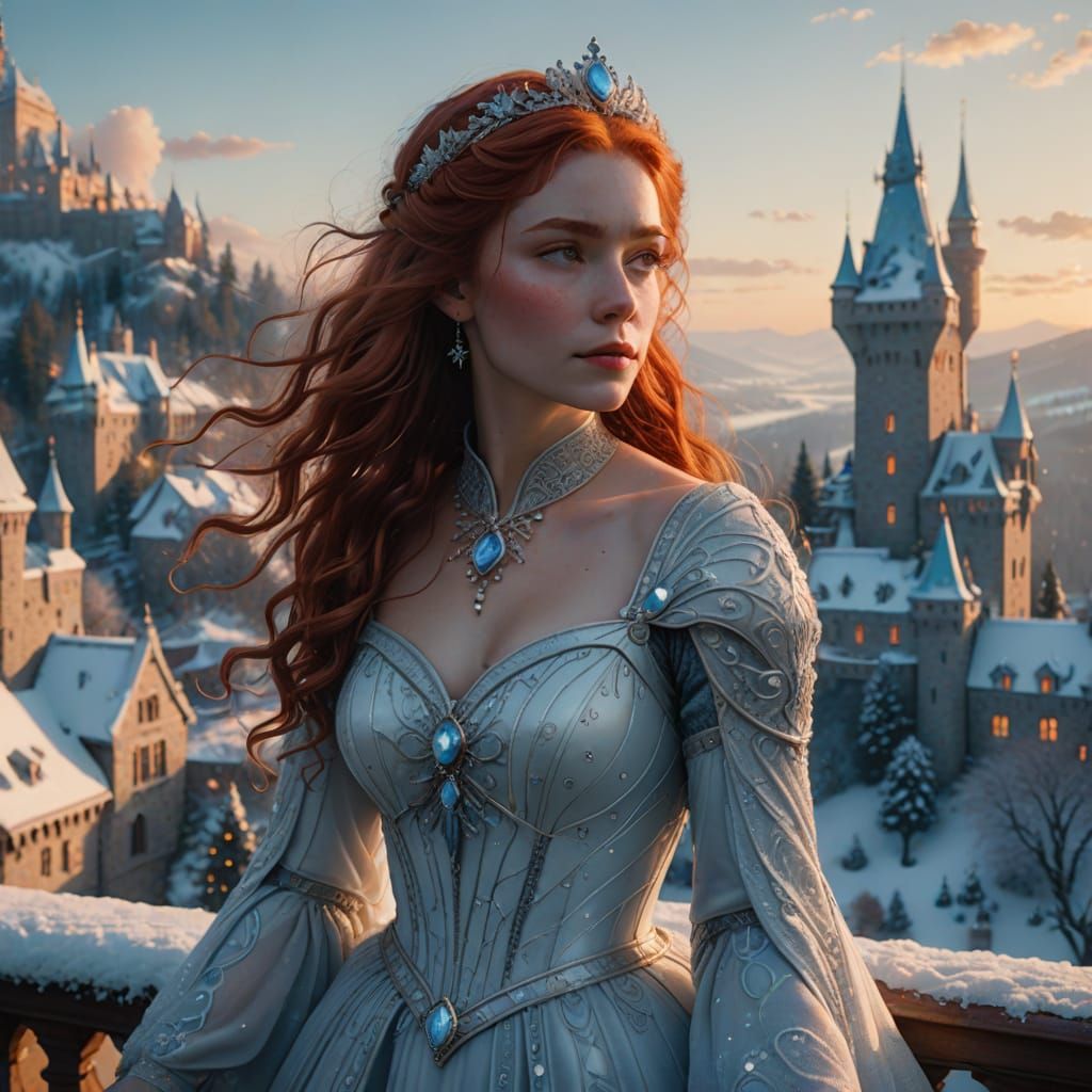 Ethereal Ice Queen Reigns Over Frosty Kingdom in Golden Hour
