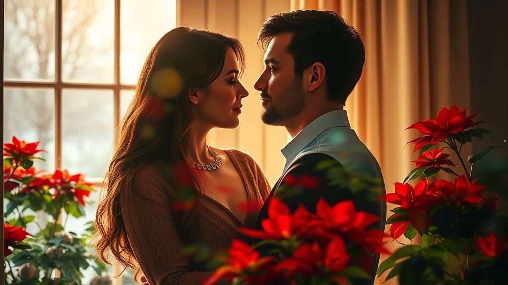 Surreal Double Exposure Christmas Scene with Poinsettias and...