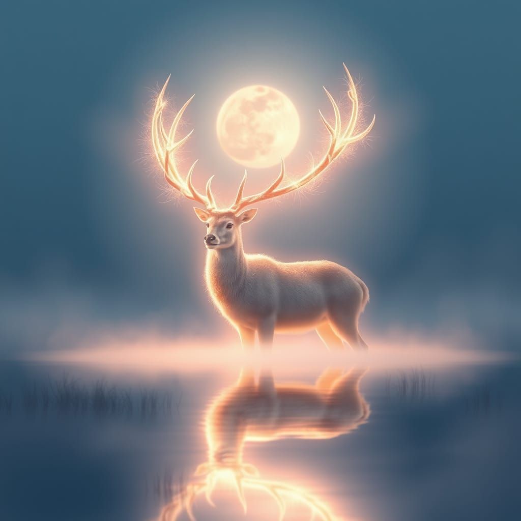 Ethereal Moonlit Stag in Dreamy Lake
