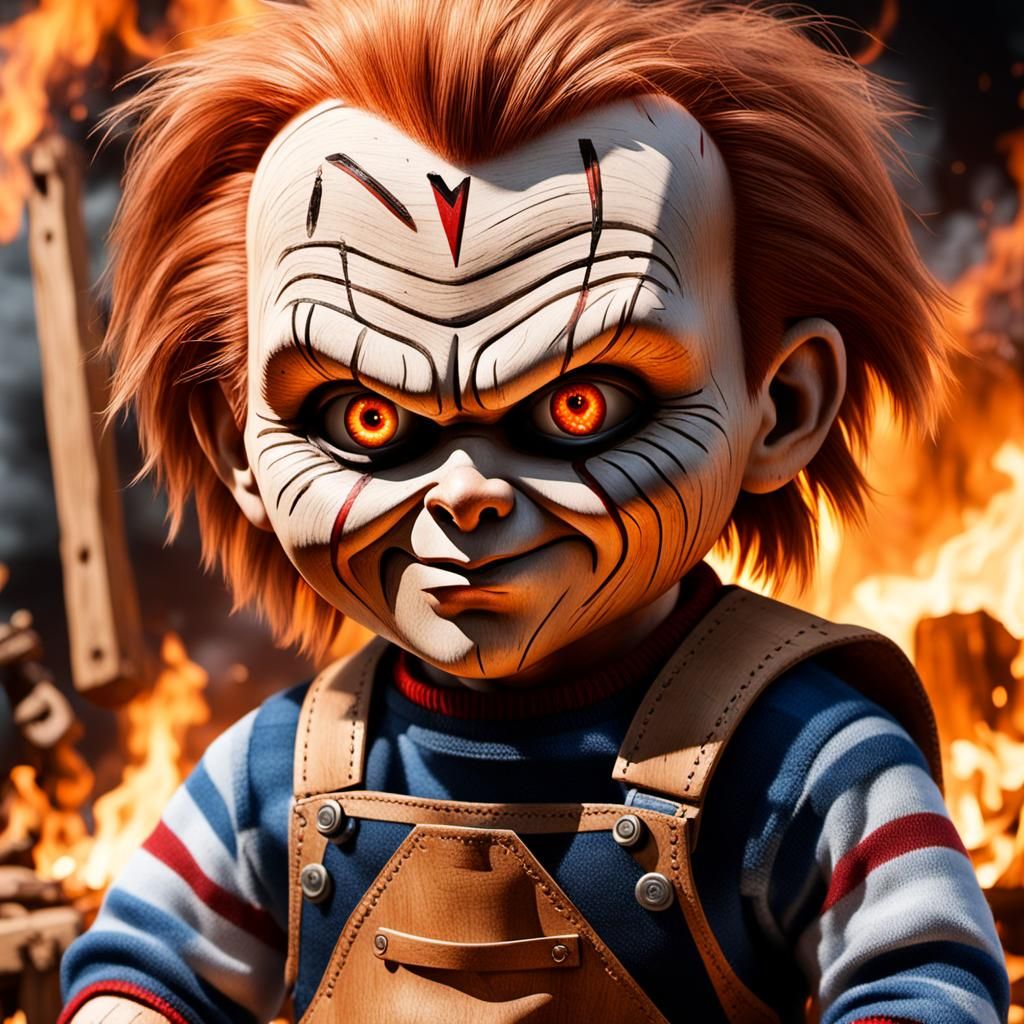 chucky pinochio with a gigantic nose and workhome at backgro...