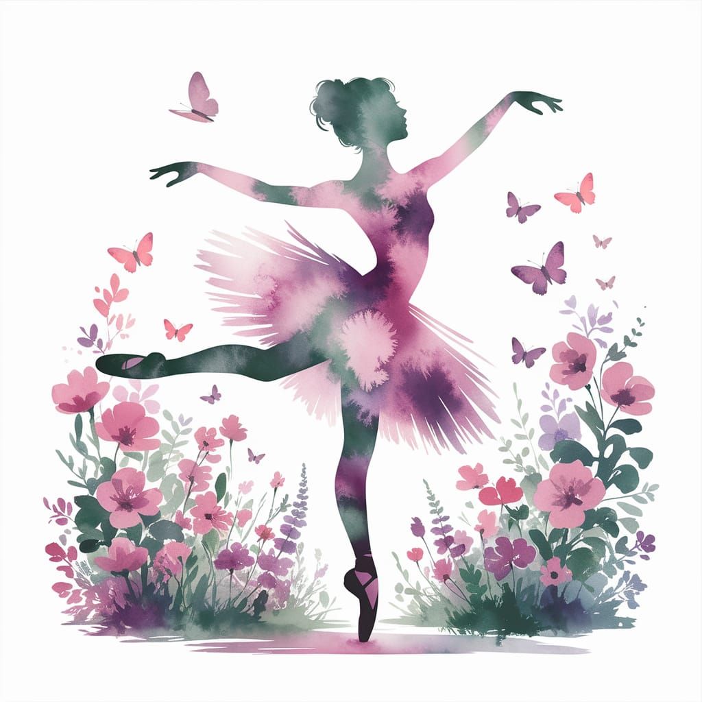 Ballerina Dancing in a Dreamlike Watercolor Garden