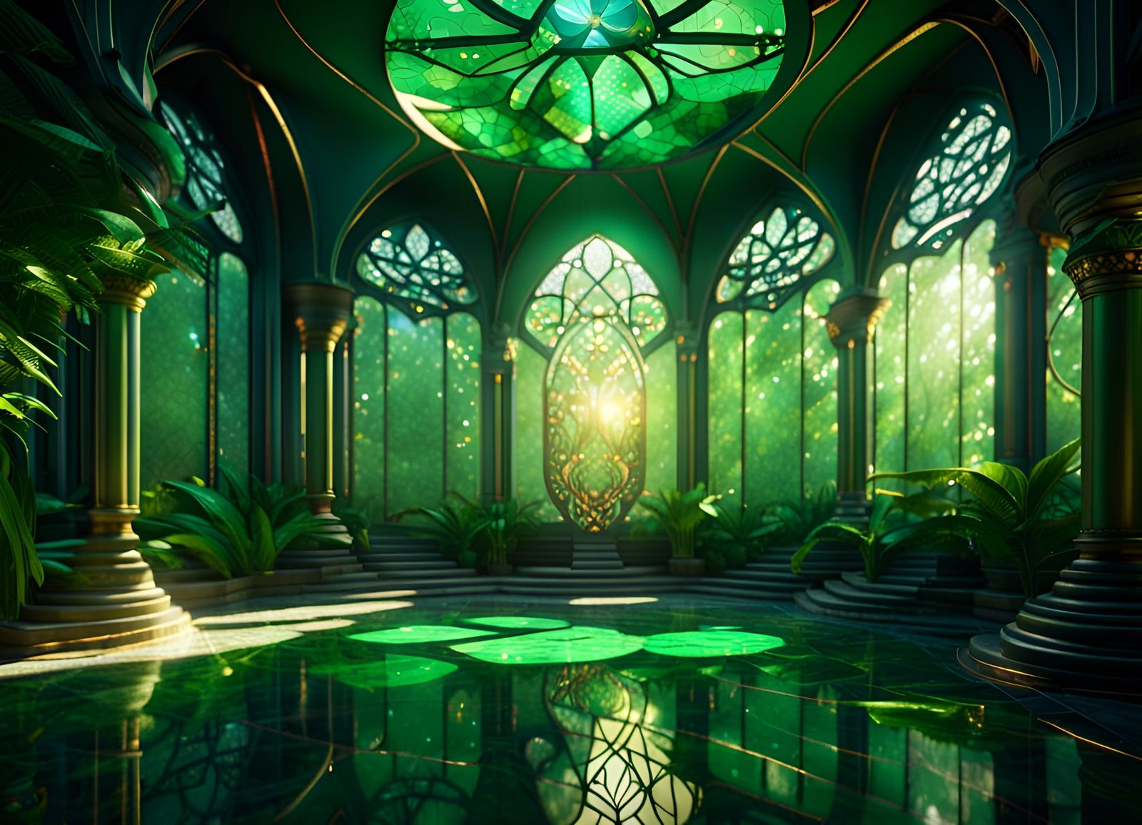 Enchanting Elven Atrium with Emerald Accents
