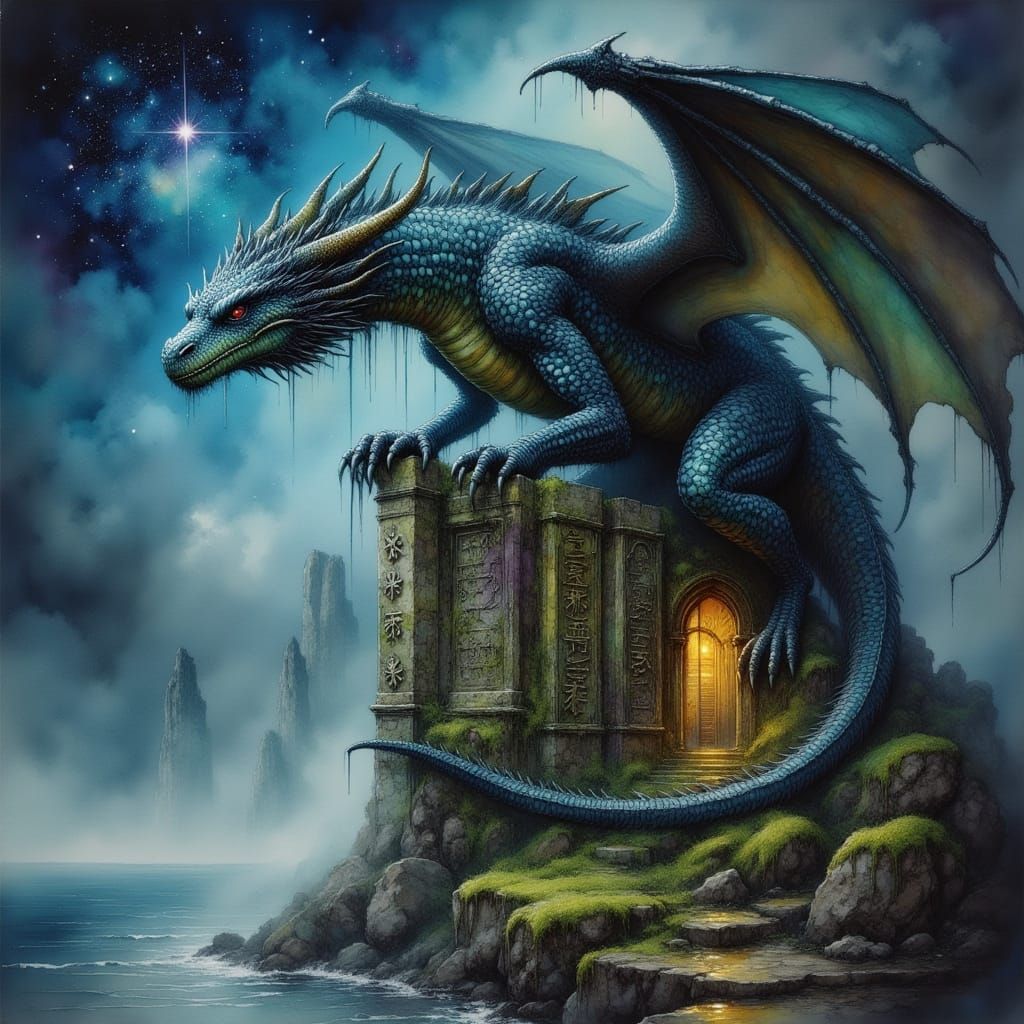 Majestic Obsidian Dragon on Ancient Temple Ruins