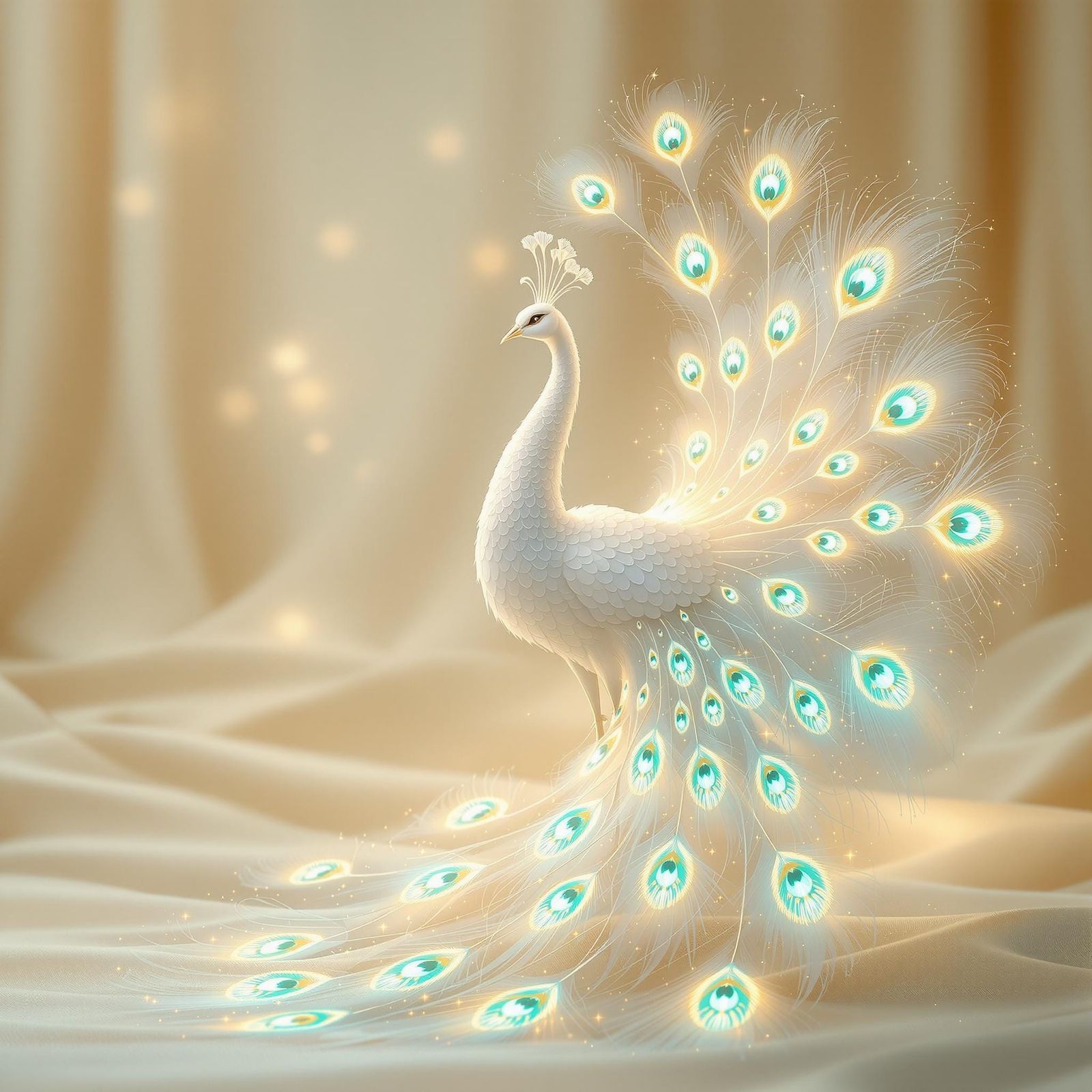 Elegant White Peacock with Turquoise and Gold Feathers