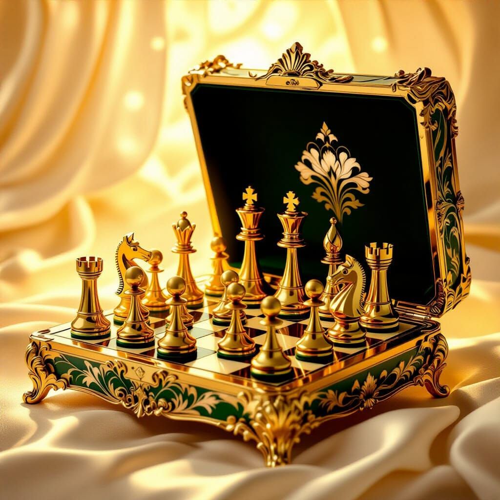 Art Nouveau Chess Set in Ornate Golden Case