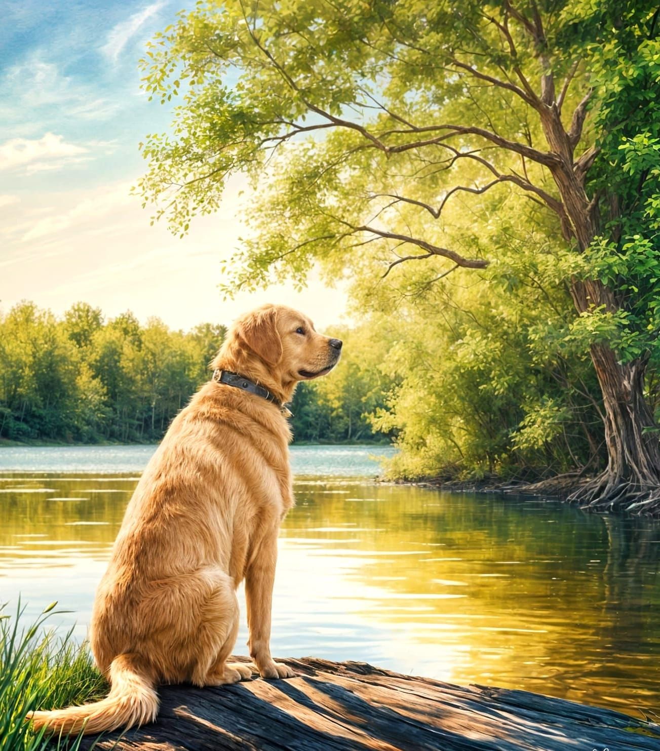 Golden Lab Relaxing by a Lake