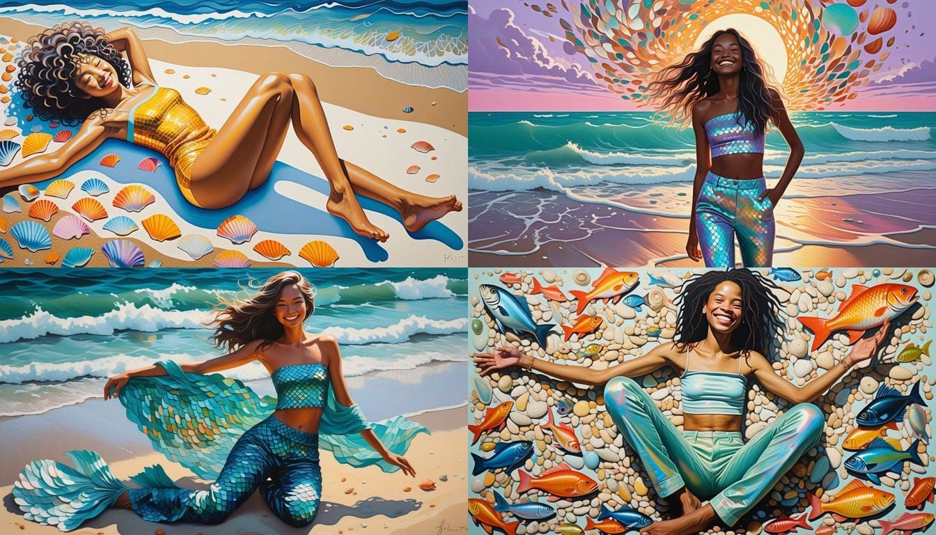 Vibrant Beach Scene of a Trans Woman in Scale-Inspired Attir...