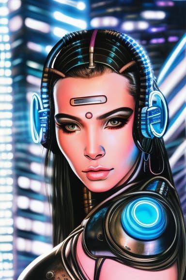 Cybernetic Girl Portrait in Cyberpunk Cityscape