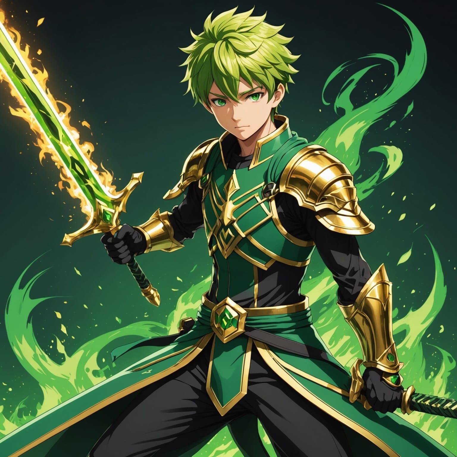 Anime Boy with Fire Sword and Gold Logo