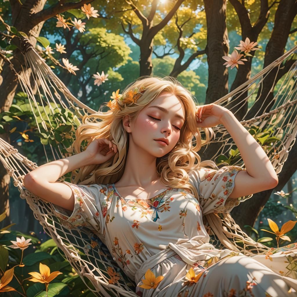 Dreamy Anime Girl Sleeping in Hammock, Hyper-Realistic 3D Ar...