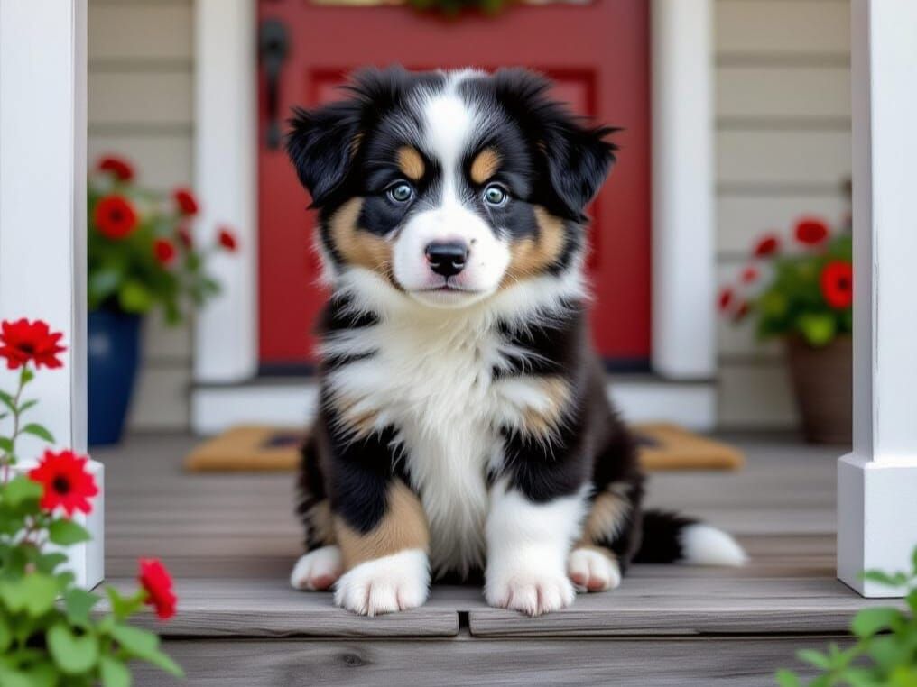 Adorable Border Collie Puppy on 4th of July Porch