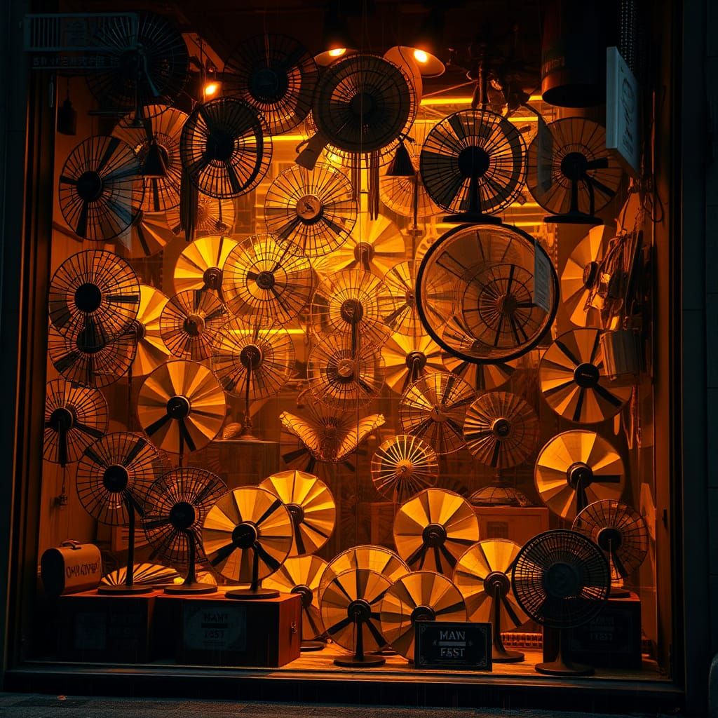 Cyberpunk Storefront Displaying Intricate Fans