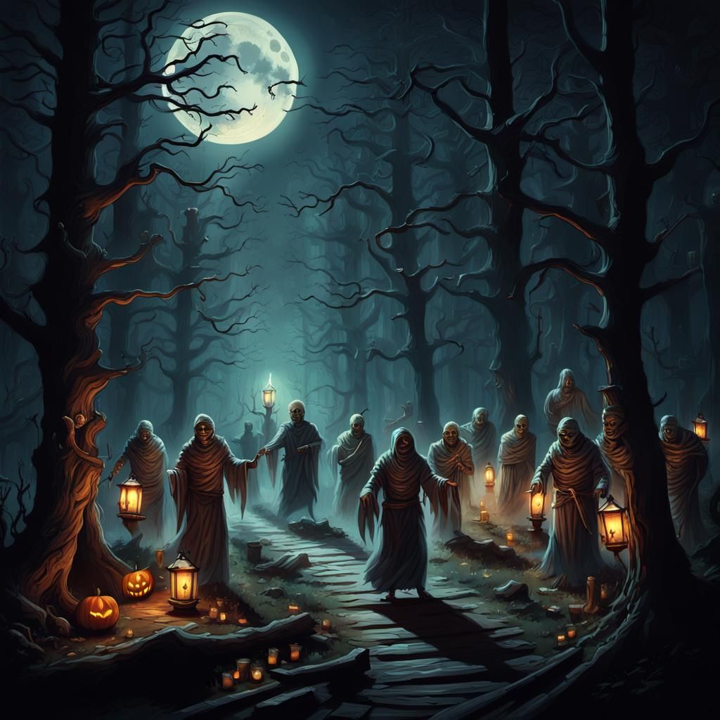 Halloween Dance in Dark Forest, Art Nouveau Style