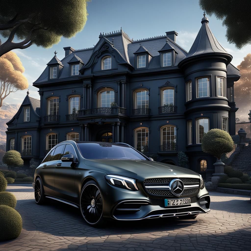 Black Mercedes-Benz Parked at a Lavish Mansion