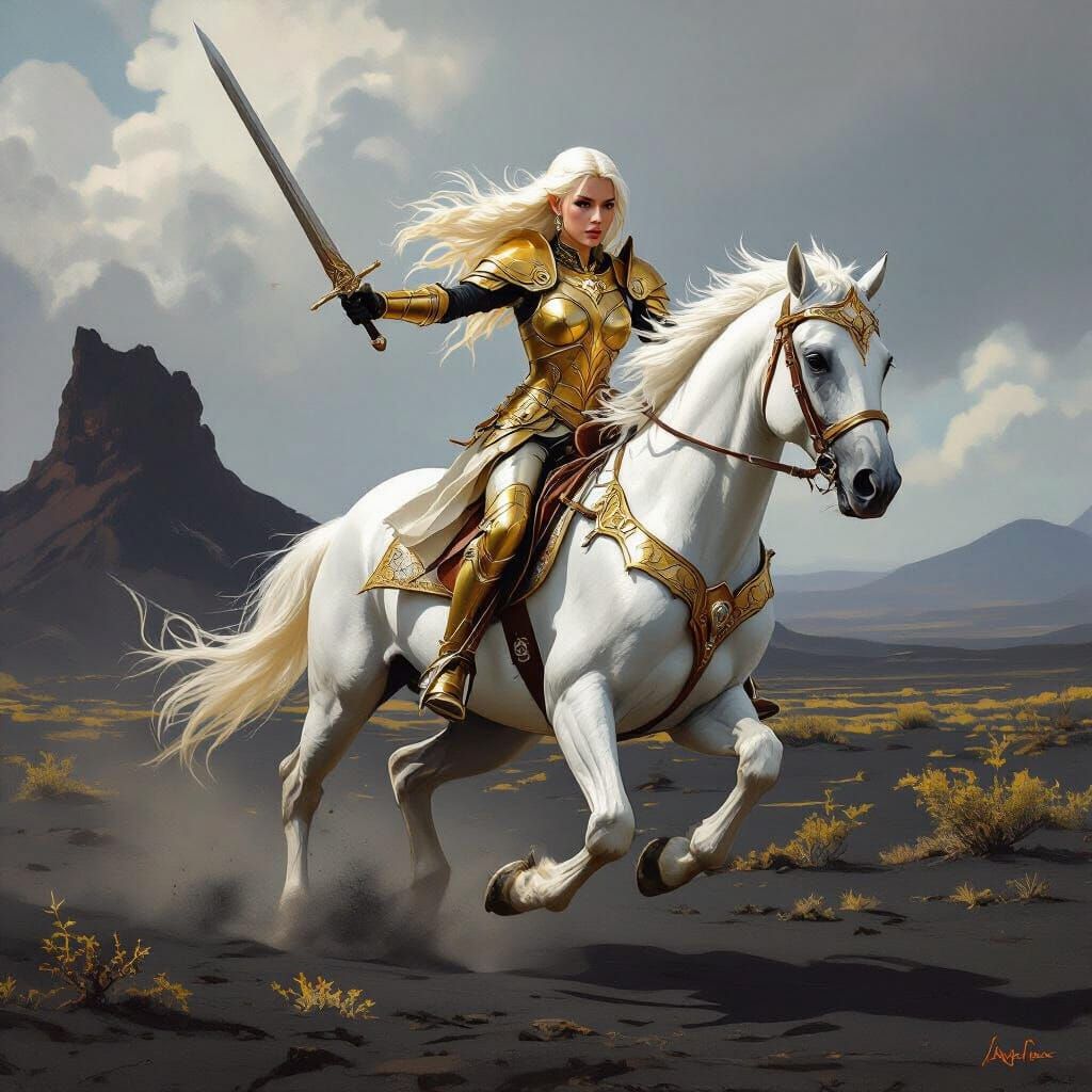 Elf Princess Charges on White Stallion in Volcanic Landscape