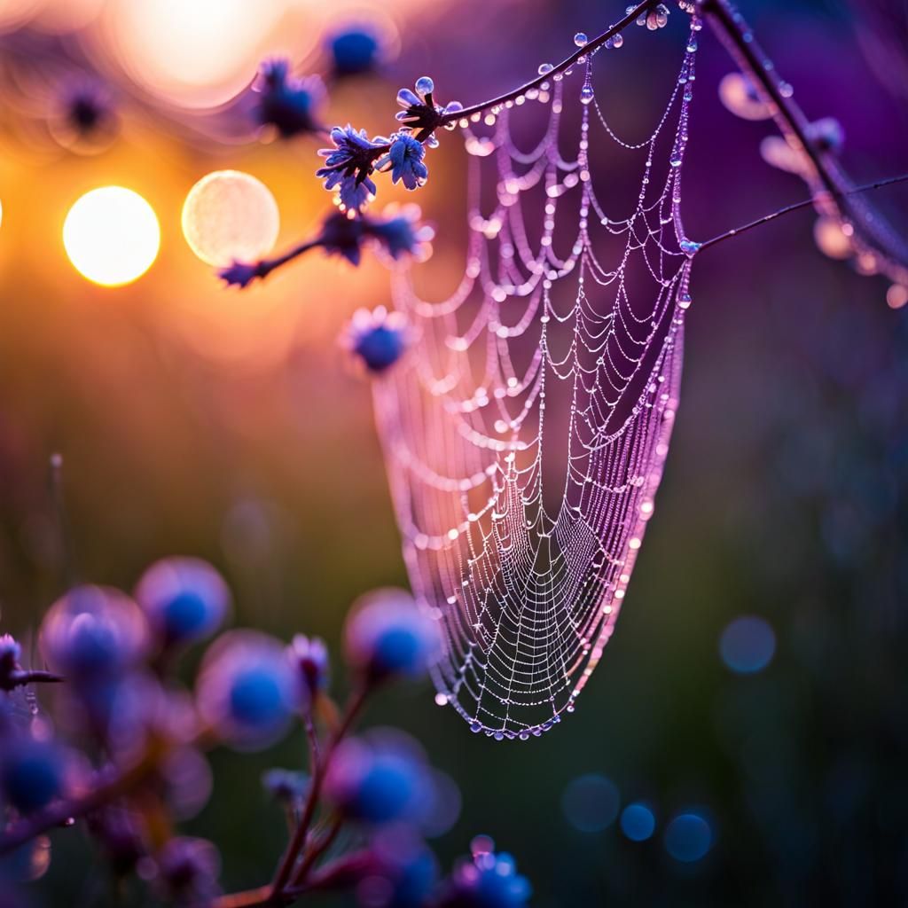 Shimmering Spiderweb at Dawn: A Dew-Kissed Close-Up