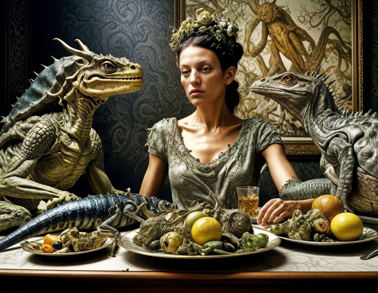 Lizard Smirk: Photorealistic Portrait in Magical Realism