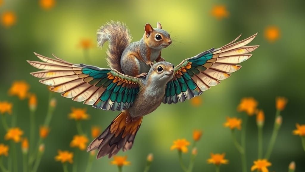 Squirrels and Birds Soar Together in Whimsical Woodland Scen...