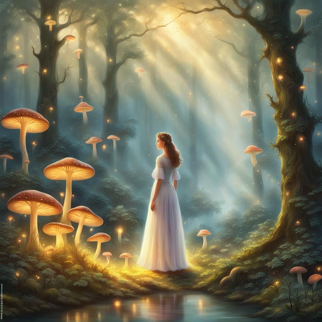 Ethereal Woman in Misty Forest, Dreamy Soft Focus