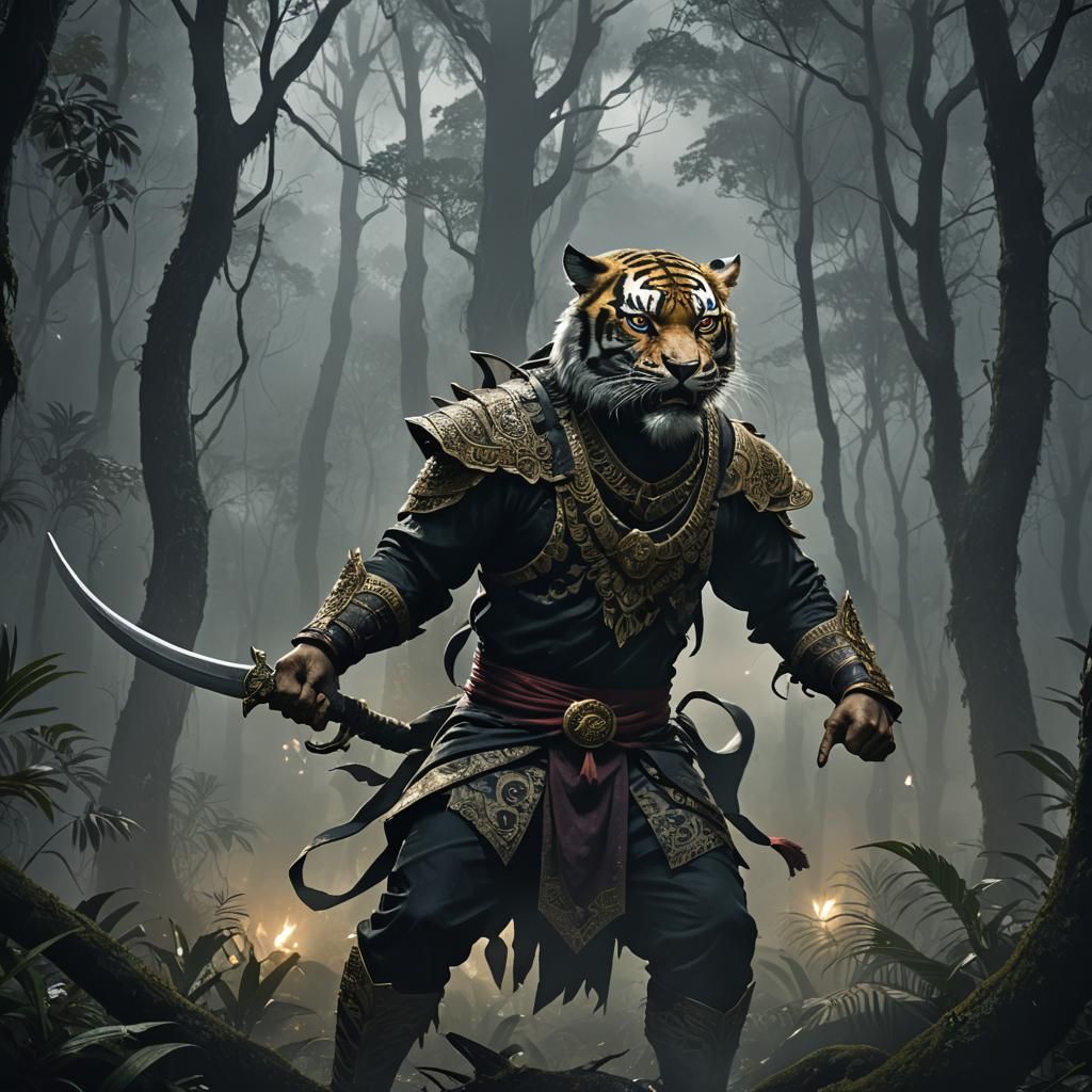Menacing Tiger Warrior in Misty Forest, Dark Fantasy