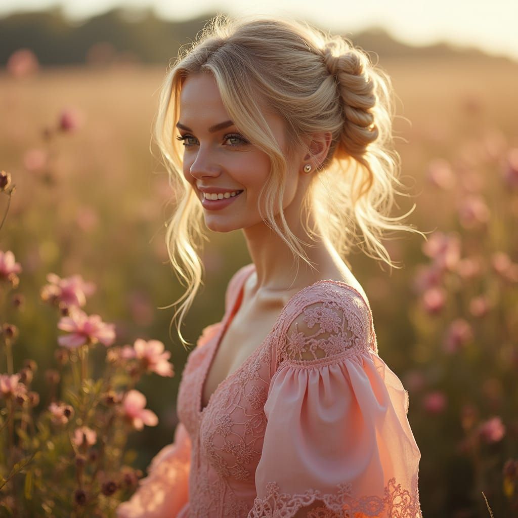 Blonde Woman in Floral Path: Hyperrealistic Digital Art